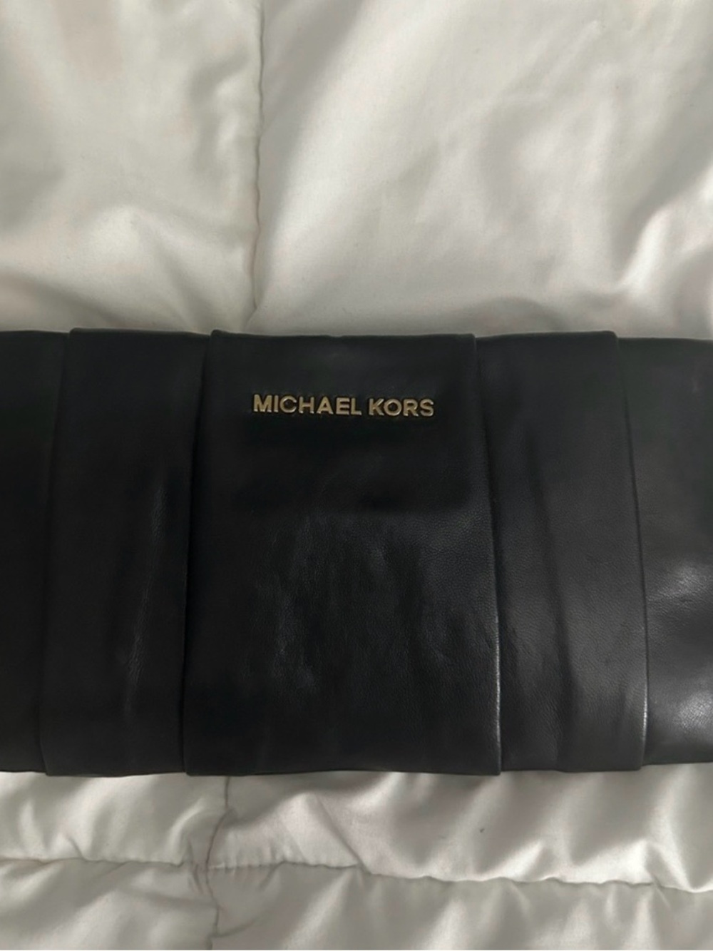 Michael Kors Black Leather Foldover Clutch with Gold Logo Plaque